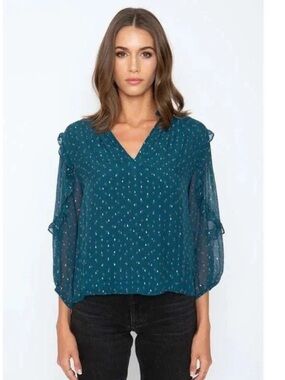 Cabellero Gracie Metallic Dot Emerald Silk Chiffon Ruffle Blouse XS